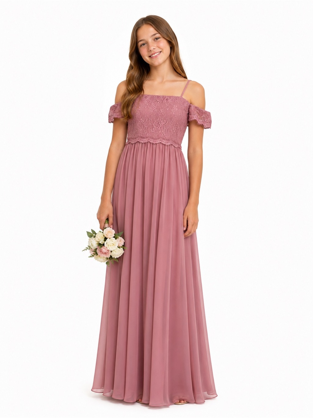Azazie Vidia Dusty Rose Junior 12 Formal Bridesmaid Dress Lace Chiffon Gown